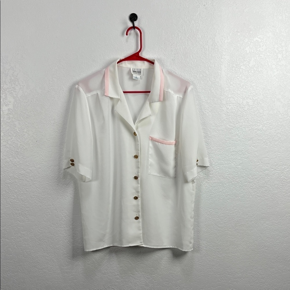 VTG Leslie Fay Women’s White Pink Blouse Short Sleeve Button Down Sz 10 Sheer
